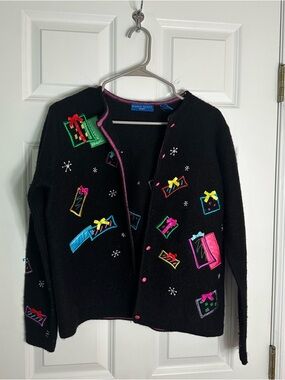 Karen Scott Black Cardigan with Pink Trim and Embroidered Accents